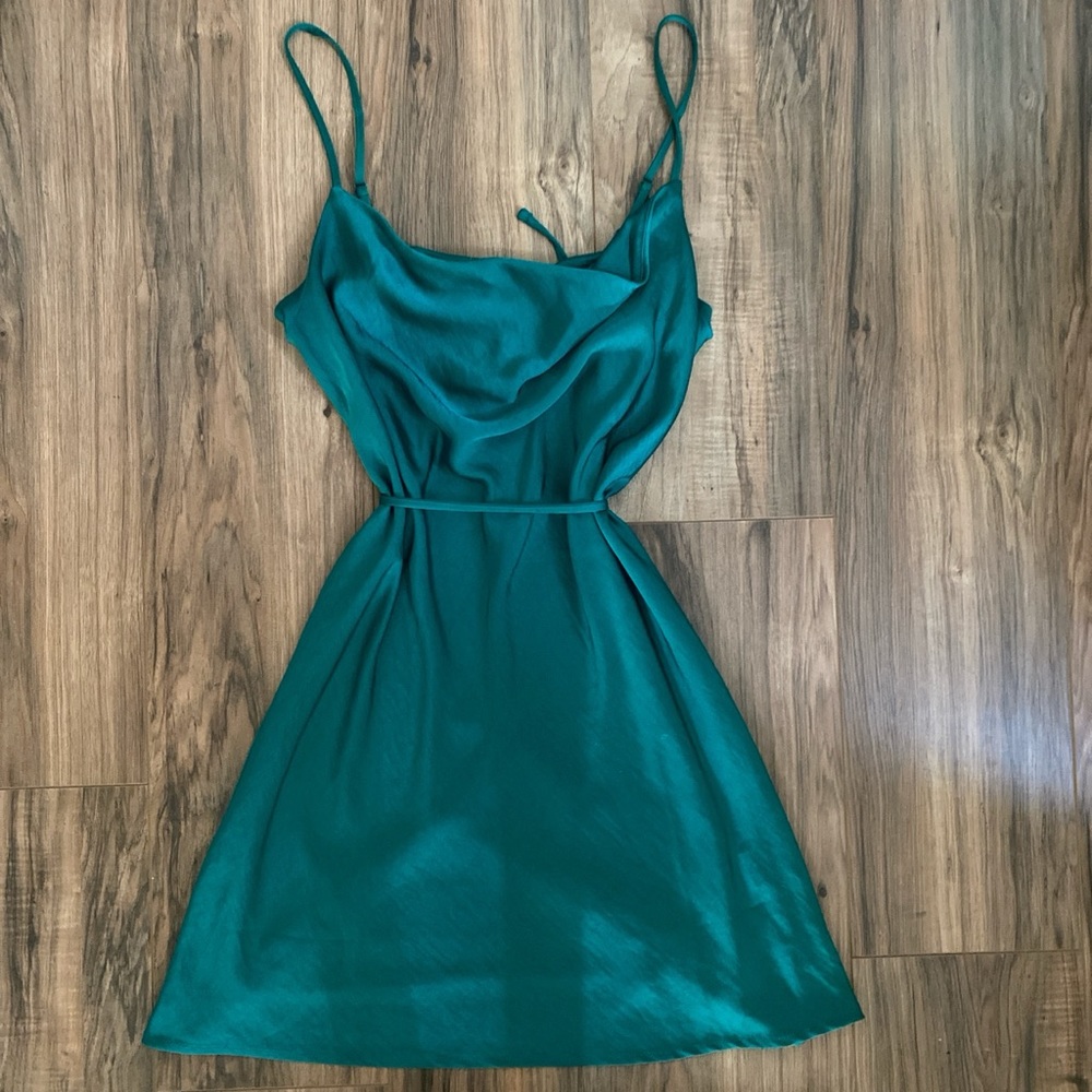 Satin green dress with cowl neck